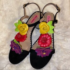 Betsey Johnson Muti-Color Floral Black Suede T- Strap Sandal